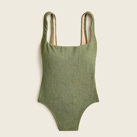 New J. Crew Green Textured Square Neck One-Piece Swim Bathing Suit Women's 24 - Picture 1 of 8